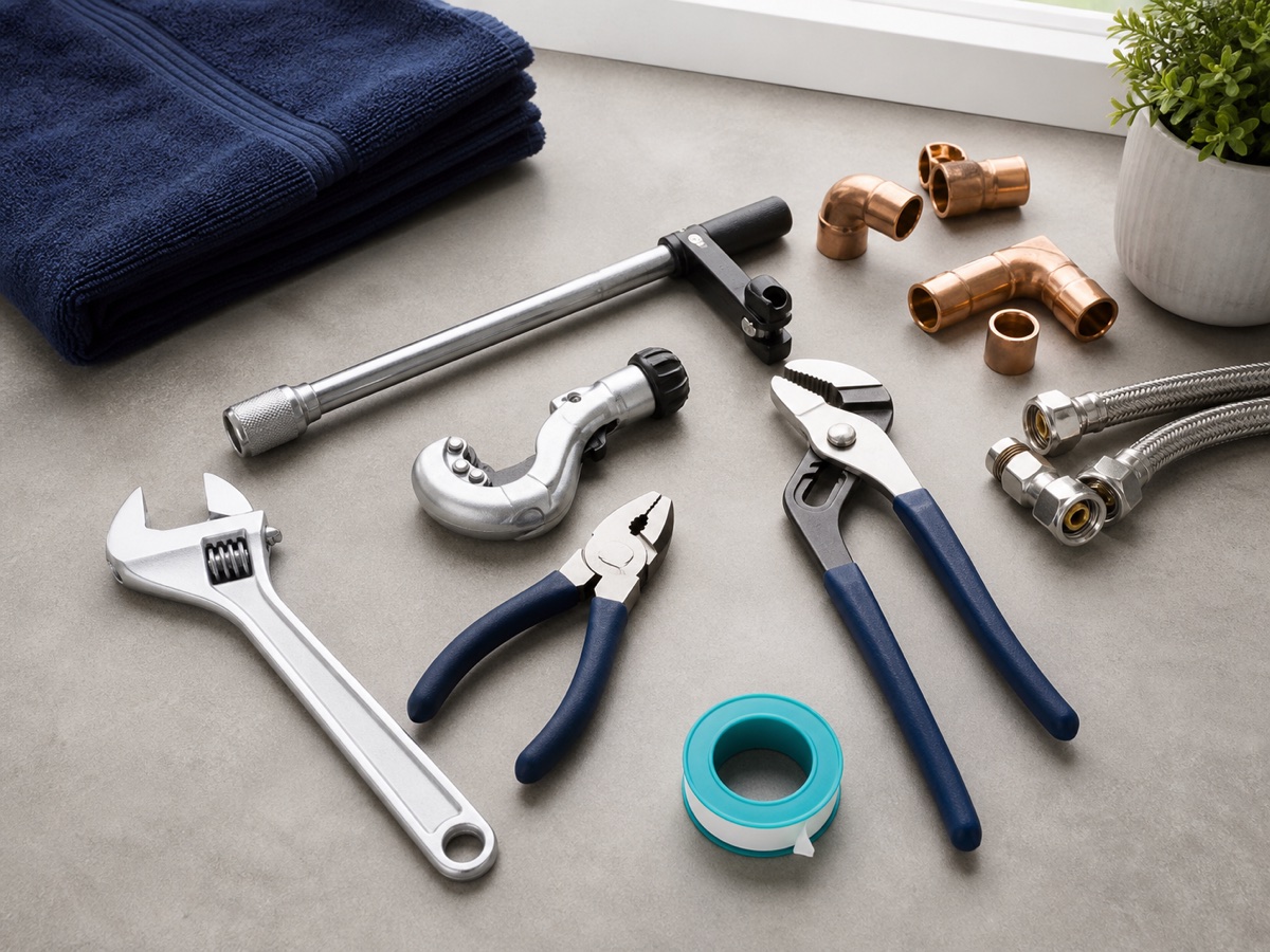 An organized selection of plumbing tools and fittings on a clean work surface