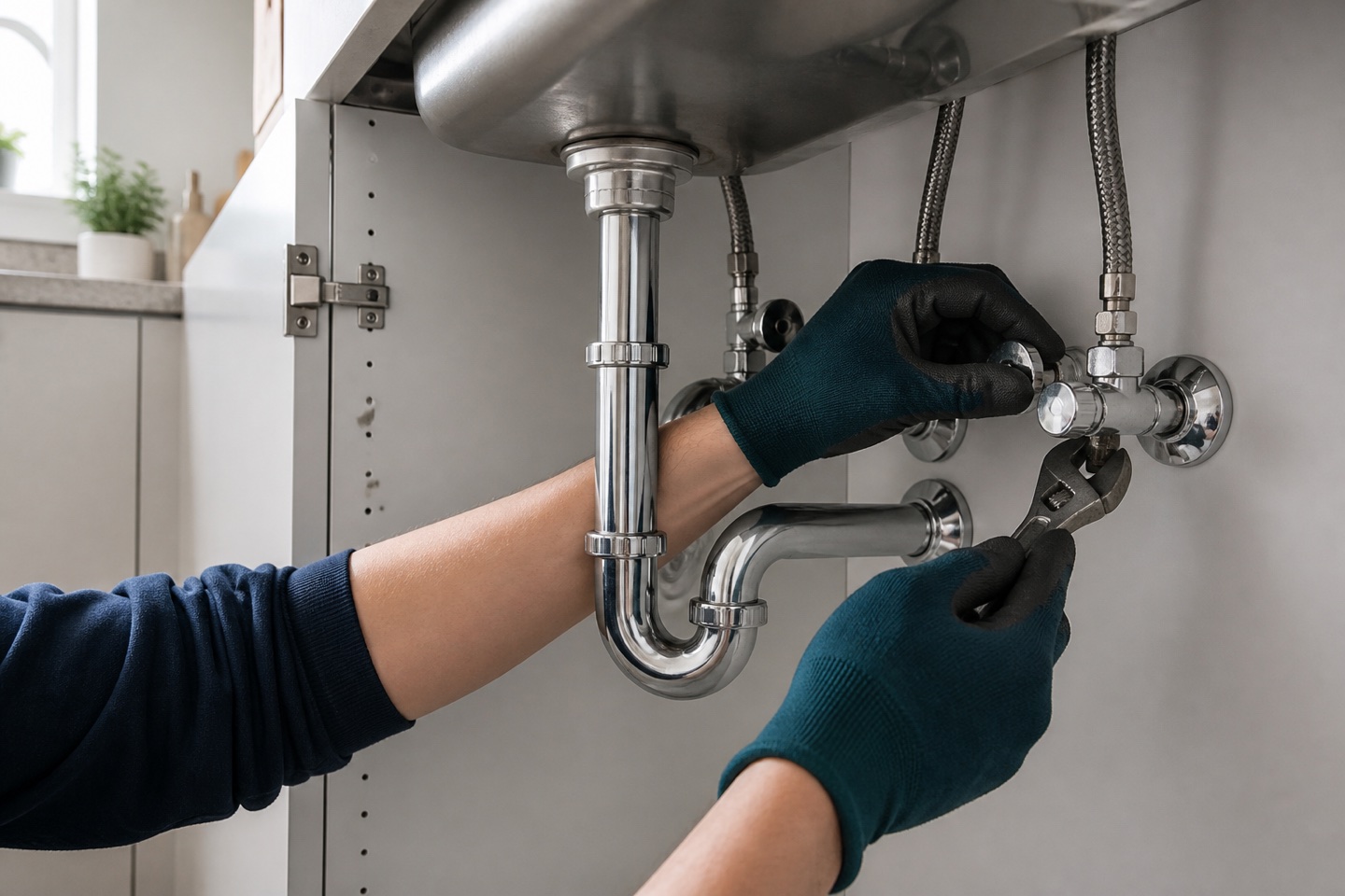 Gloved hands carefully checking plumbing connections beneath a kitchen sink