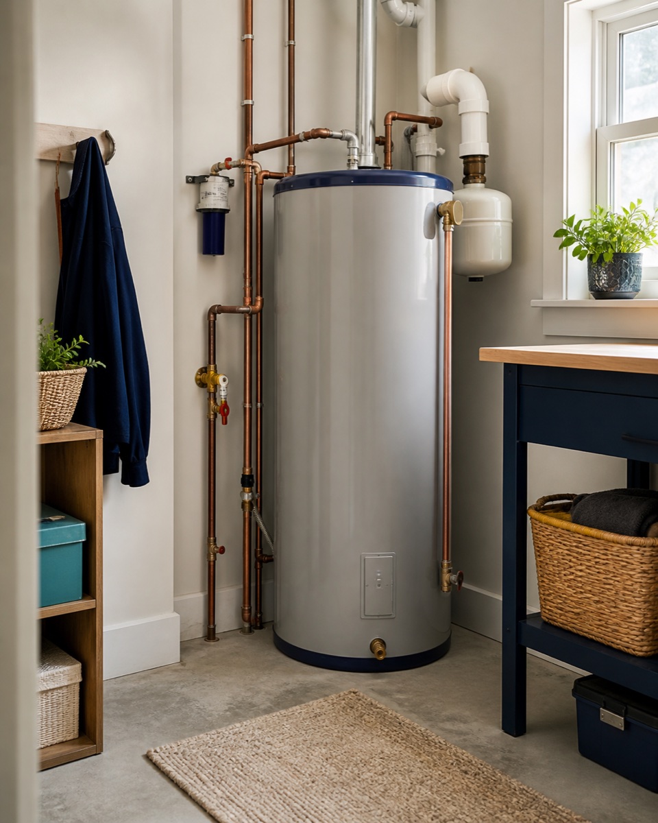 A clean residential water heater with orderly visible pipework